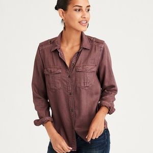 American Eagle Oversized Maroon Military Cargo Button-Up Shirt | Size Small